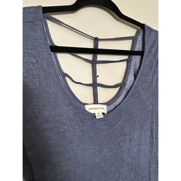 CoverStitched Blue Tee Shirt Short Sleeve Top Flowy Summer Strappy Open Back M - Picture 3 of 7